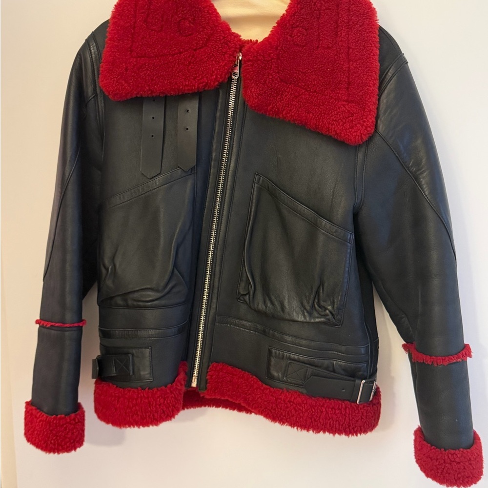 Sandro Black Leather Jacket with Red Shearling Trim